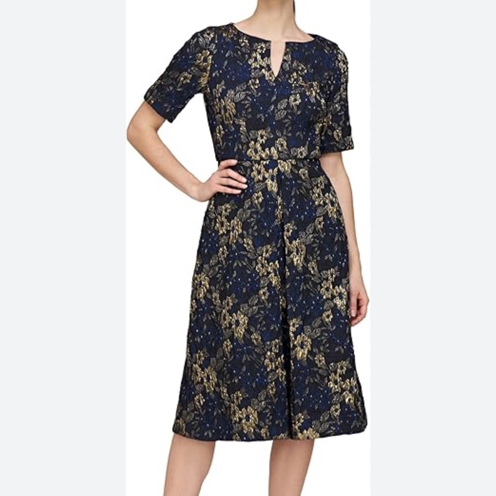 JS Collections Navy Gold Metallic Floral Jacquard Midi Dress Fit Flare Sz 6 NWT